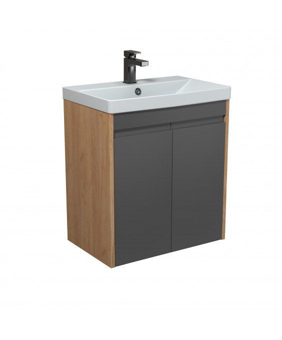 Тумба Olive 60-U с умывальником Sempre 60 графит с деревом