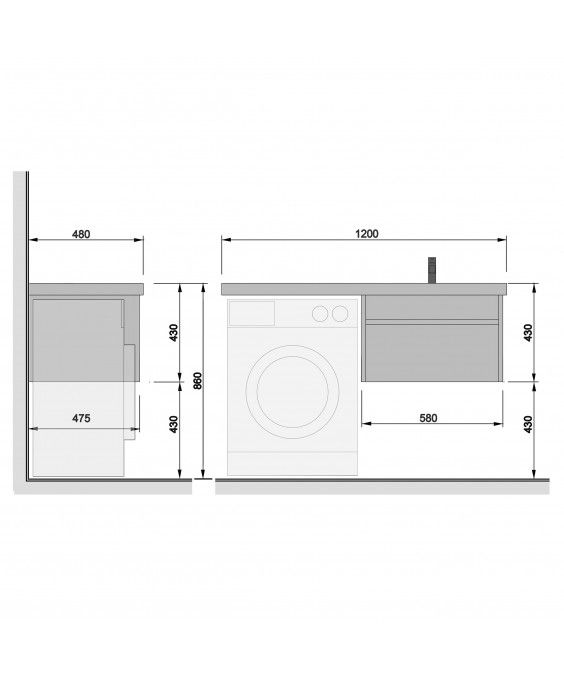 Тумба Wing 60-А-W с умывальником Rodeo 120 R с крылом над стиральной машиной