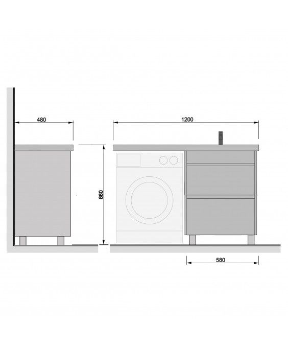 Тумба Wing 60-W с умывальником Rodeo 120 R напольная с крылом над стиральной машиной