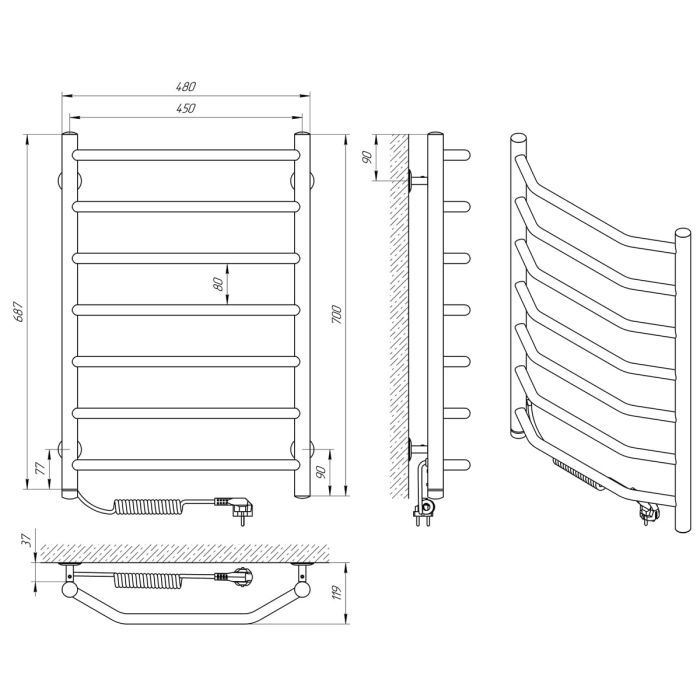 Рушникосушка ВІКТОРІЯ П7 450 х 700, ліве підключення