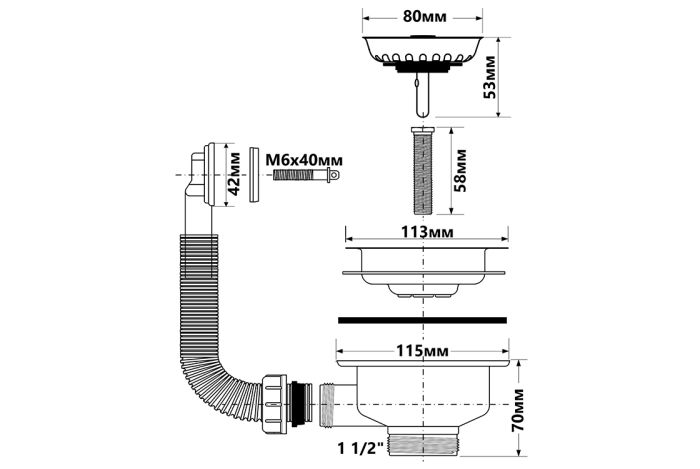 Слив McAlpine в кухонную мойку 113 мм х 6/4" с переливом
