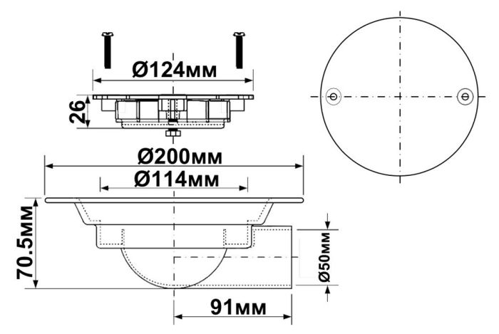 Злив McAlpine у підлогу з ABS-пластику (круглий/120 мм/вихід - 50 мм)