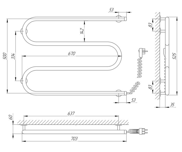 Рушникосушка ЗМІЙОВИК 25 РС3 700 х 500, права
