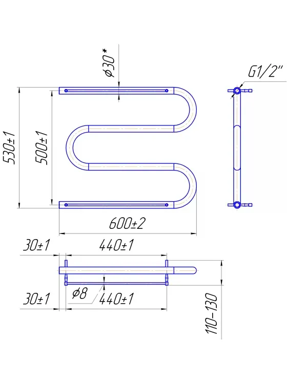 Рушникосушка ЗМІЙКА 30 530х600/500 + 2 полички